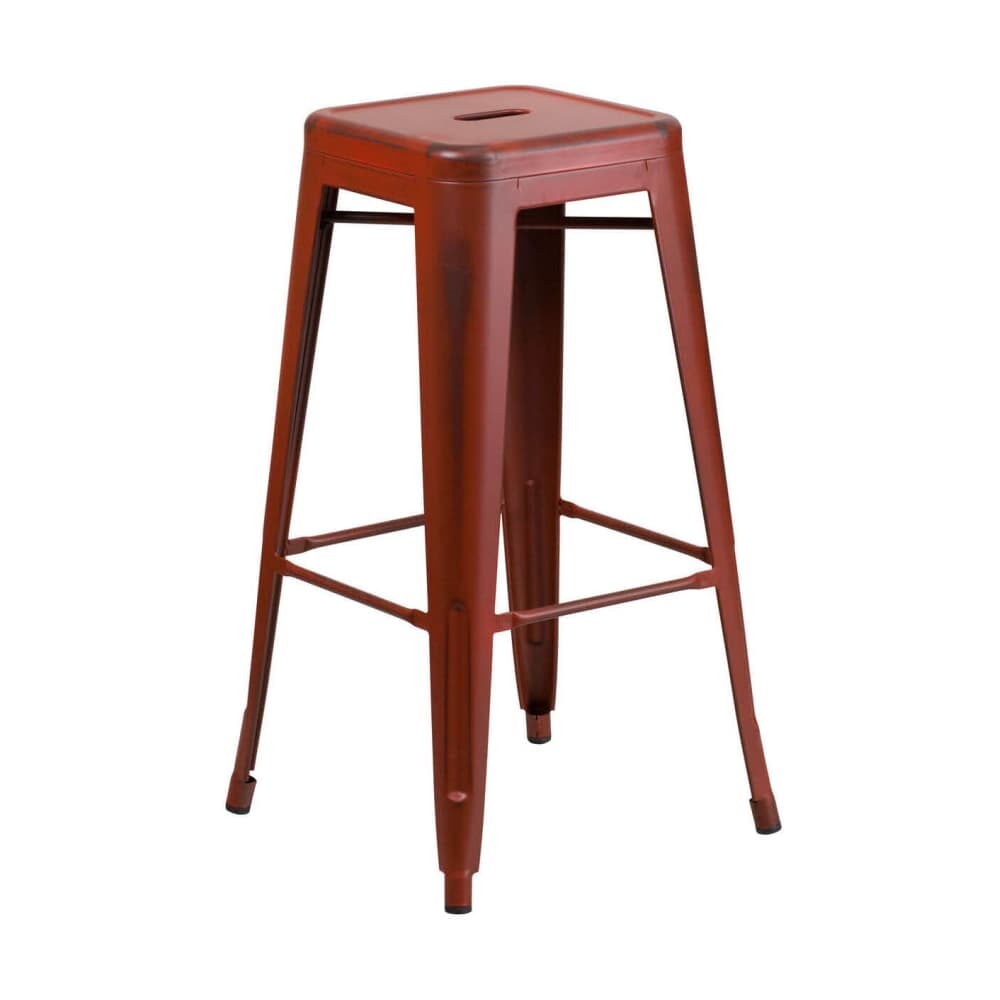 Distressed Red Bar Stool, Backless Bistro-Style