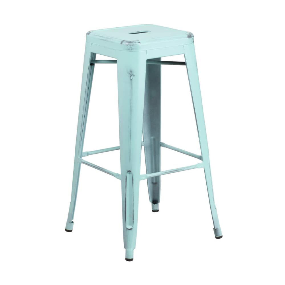 Distressed Ice Blue Bar Stool, Backless Bistro