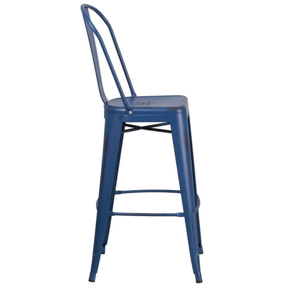 Distressed Dark Blue Metal Bistro-Style Bar Stool