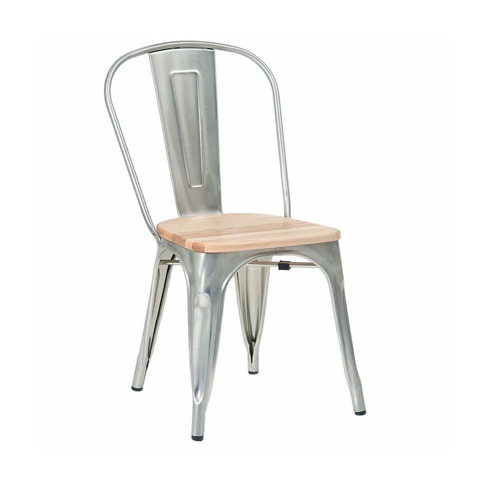 Silver Finish Bistro-Style Metal Chair with Natural Wood Seat