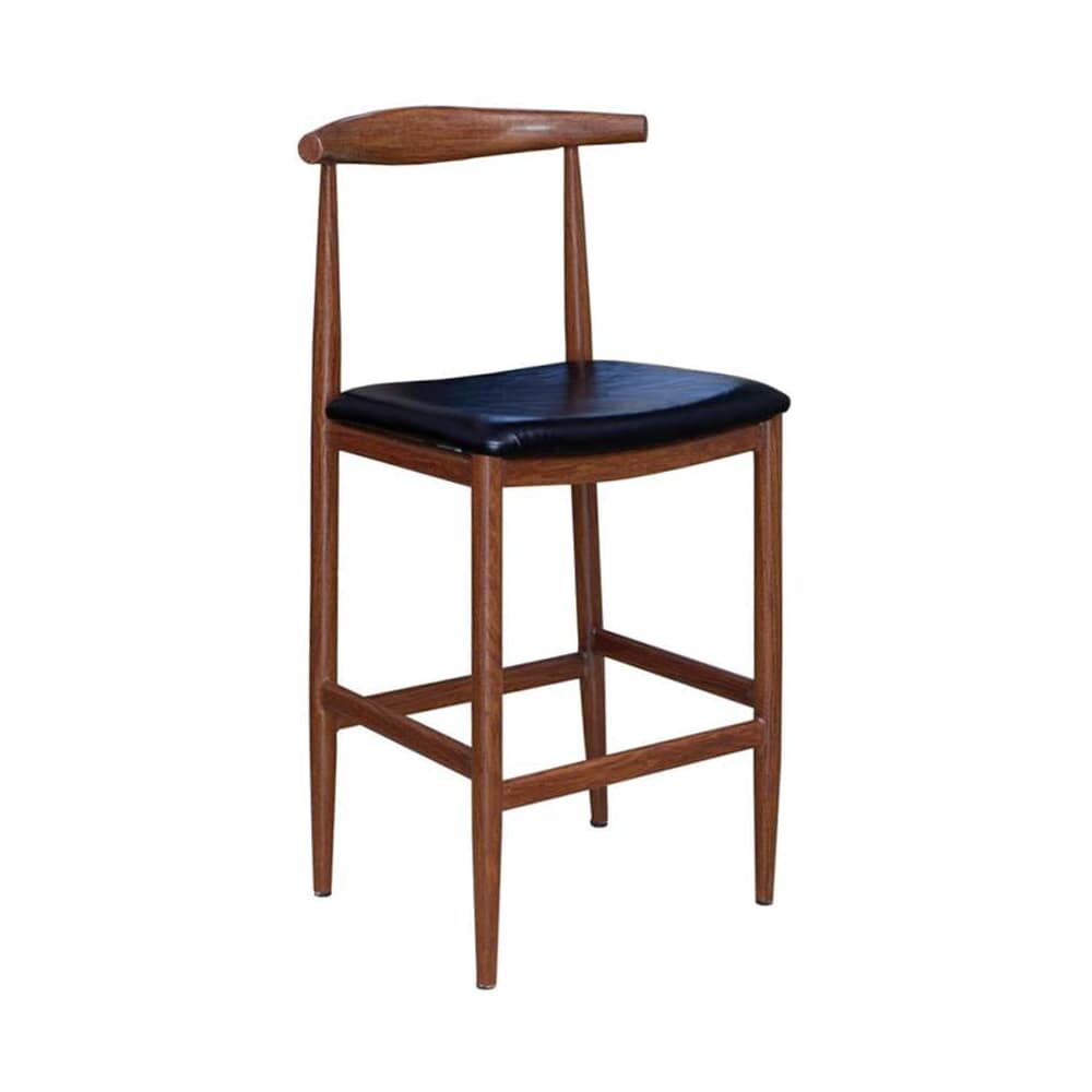 Walnut Finish Wood Grain Metal Bar Stool with Black Vinyl Seat