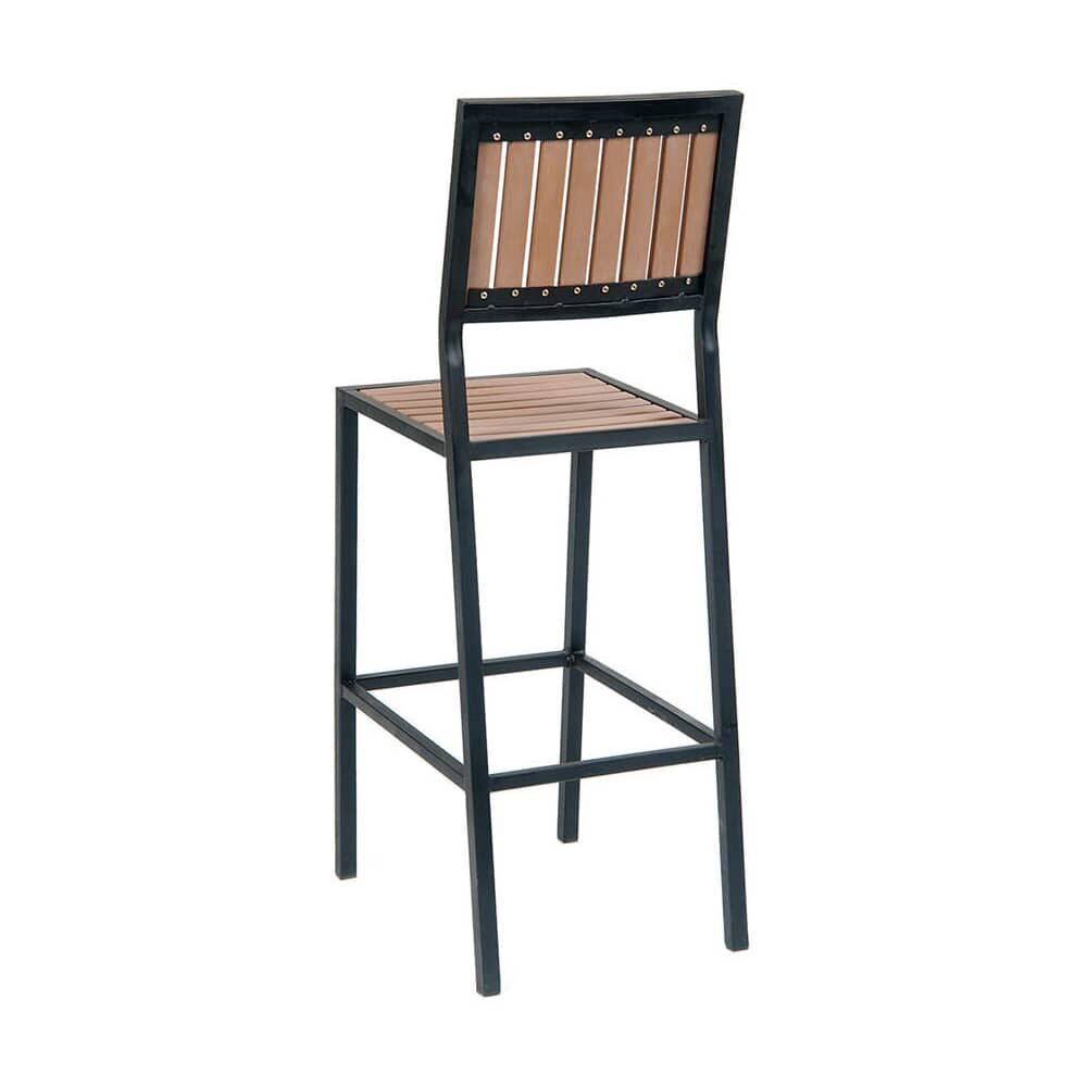 Natural Finish Vertical Slat Faux Teak Black Metal Bar Stool
