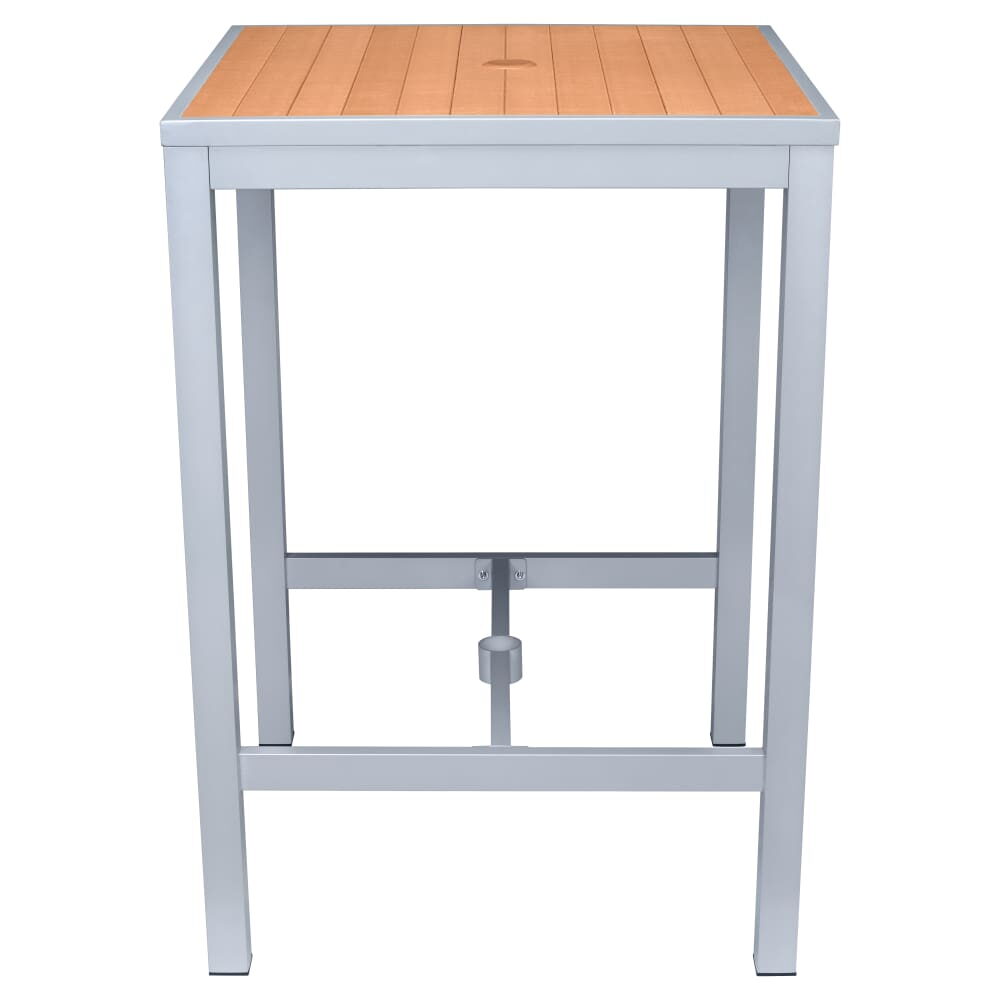 Gray Finish Aluminum Outdoor Bar Table with Faux Teak