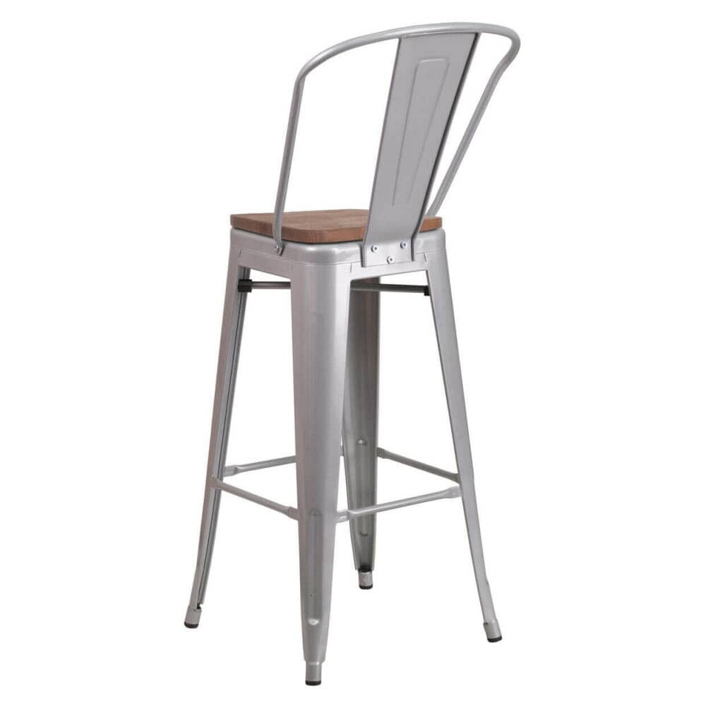 Walnut Wood Seat Silver Metal Bistro-Style Bar Stool