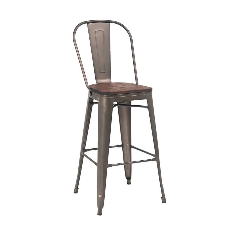 Walnut Wood Seat Dark Gray Bistro-Style Metal Bar Stool