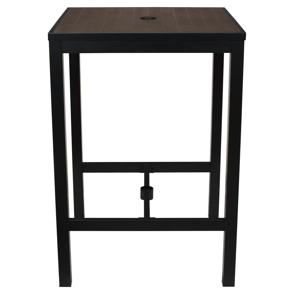 Black Finish Aluminum Outdoor Bar Table with Dark Walnut Faux Teak
