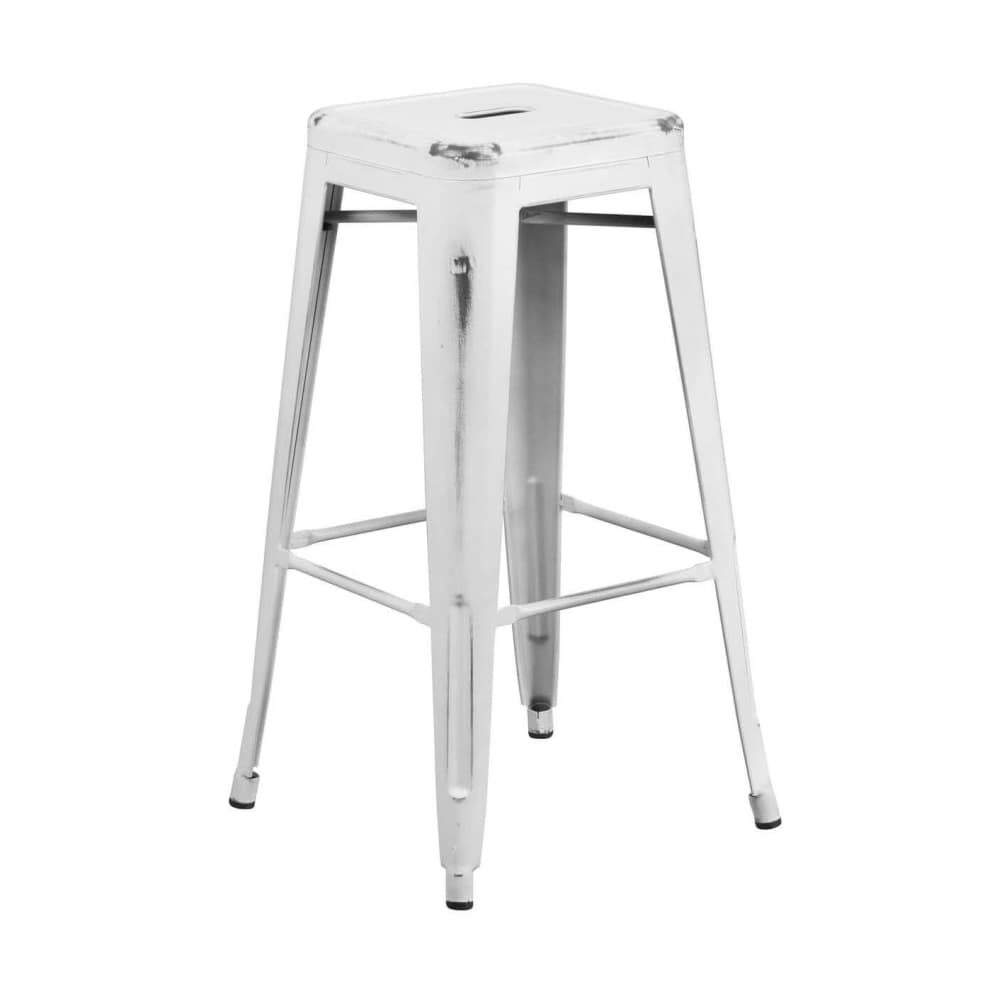 Distressed White Bar Stool, Backless Bistro-Style