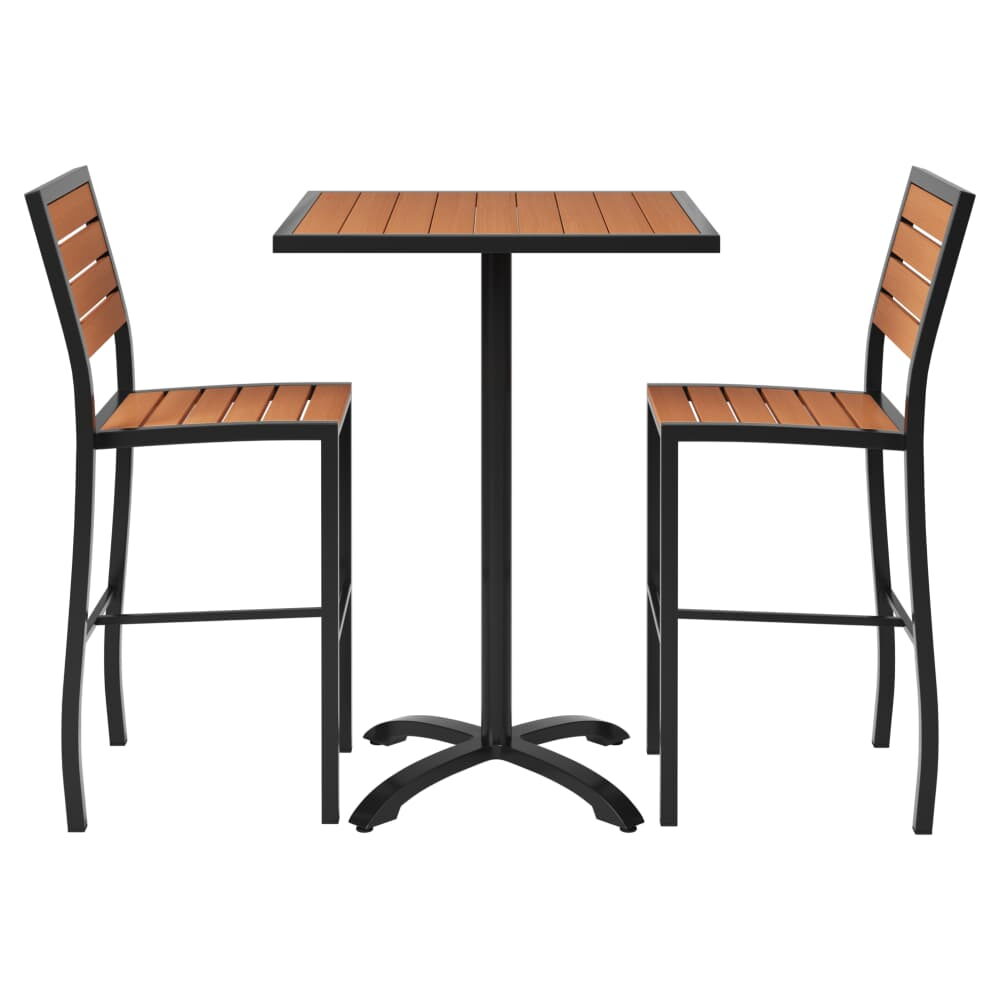 Faux Teak and Black Aluminum Bar-Height Patio Set