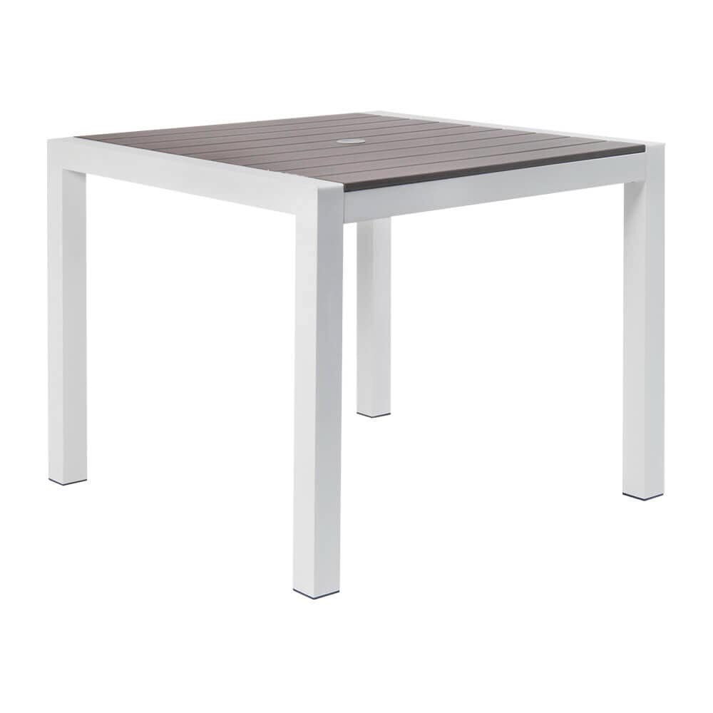 Gray Faux Teak Top White Aluminum Patio Table