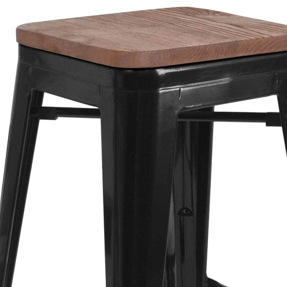 Walnut Wood Seat Black Metal Bistro-Style Backless Bar Stool