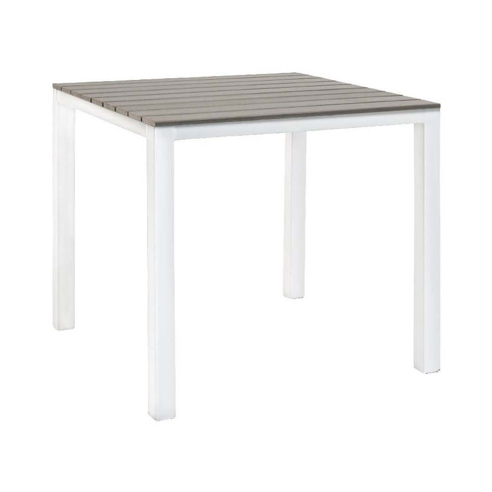 Gray Finish Faux Teak Top Table with White Metal Frame