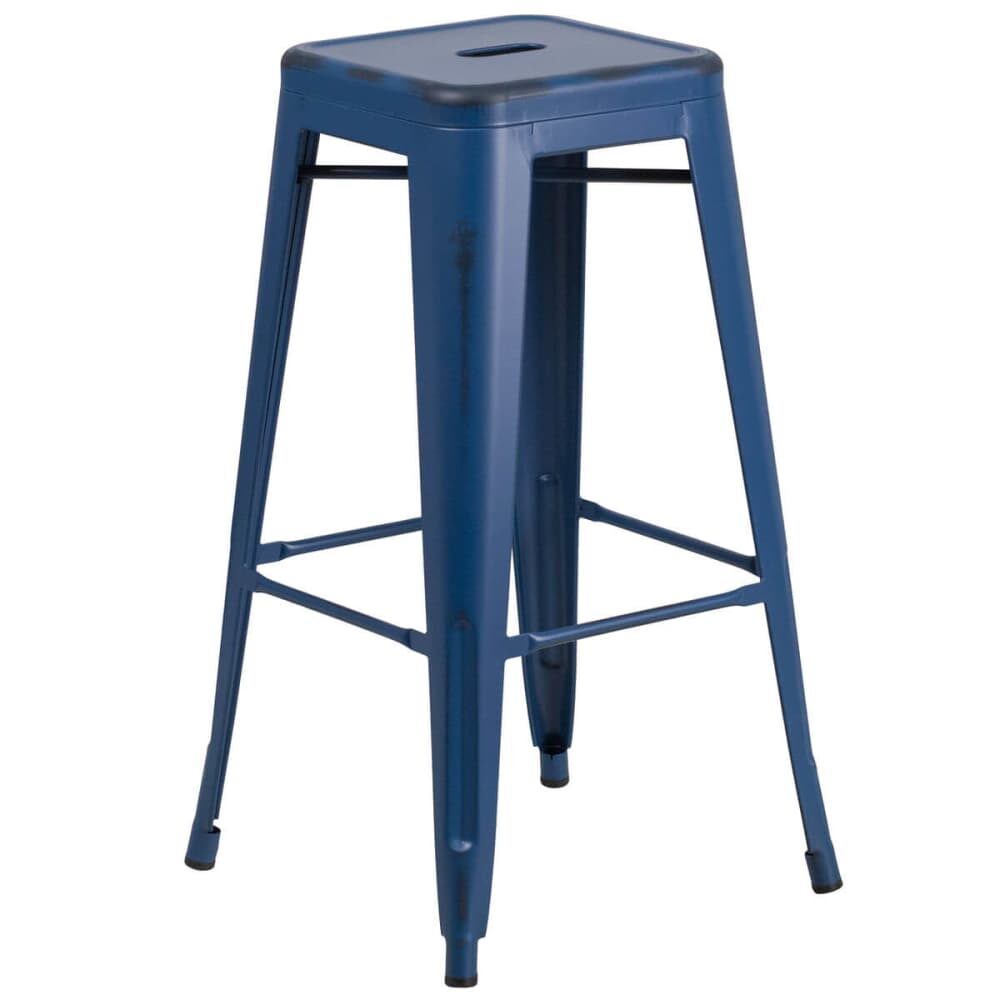 Distressed Dark Blue Bar Stool, Backless Bistro-Style