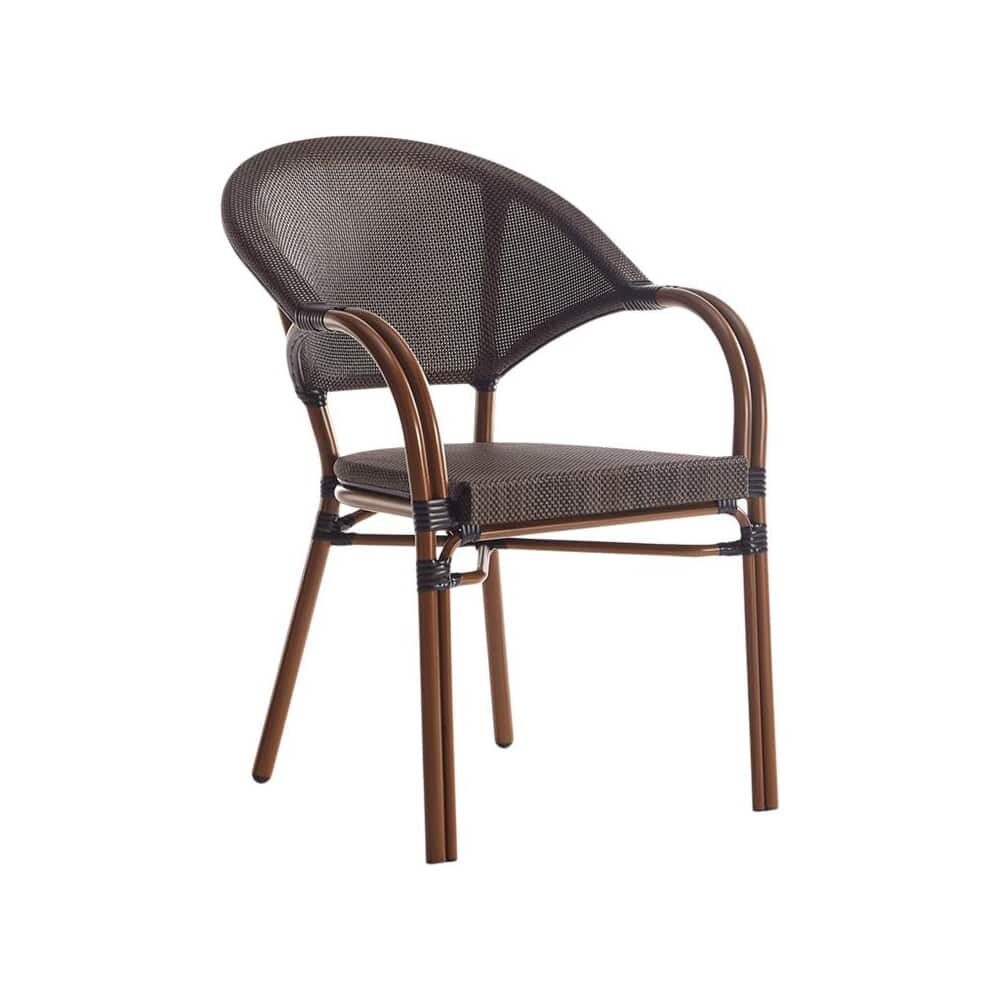 Walnut Frame Dark Brown Rattan Metal Bamboo Patio Armchair