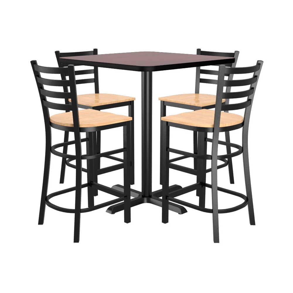 Square Reversible Table and 4 Ladder-Back Metal Bar Stool