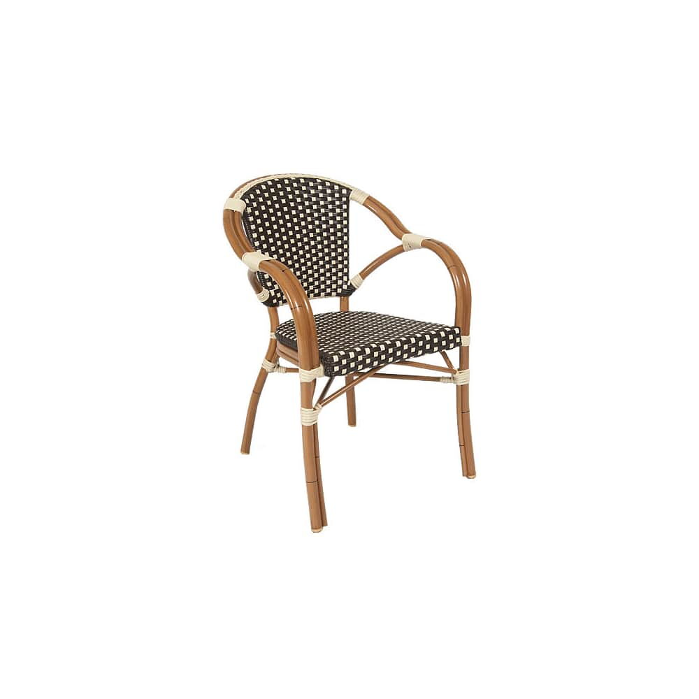 Walnut Finish Brown and White Faux Wicker Aluminum Patio Armchair